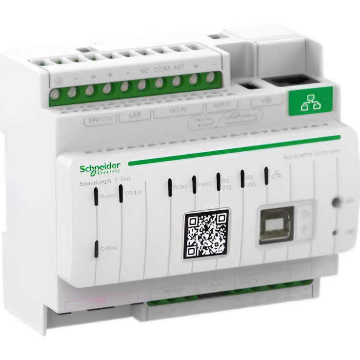 Schneider Electric application controller featuring multiple connection ports, terminal blocks, indicator lights, QR code, and labeled I/O.