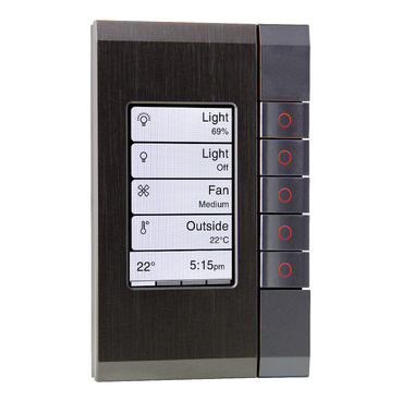 Smart wall control panel with settings for light, fan, outside temp, and five black buttons with red rings on the right.